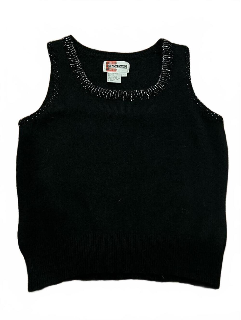 Vintage Wool Beaded Bugle Bead Trim Sleeveless Tank Sweater Vest Black L